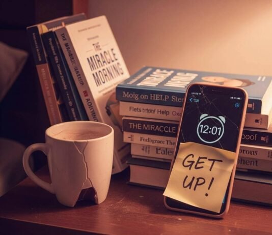 How to Build a Morning Routine You’ll Actually Stick to A close-up of a messy nightstand with an alarm clock