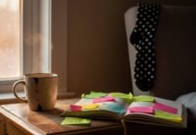 Science-Backed Morning Routines That Boost Your Mood Chipped coffee mug and journal on a nightstand.