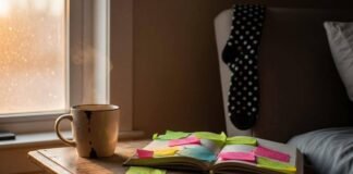 Science-Backed Morning Routines That Boost Your Mood Chipped coffee mug and journal on a nightstand.