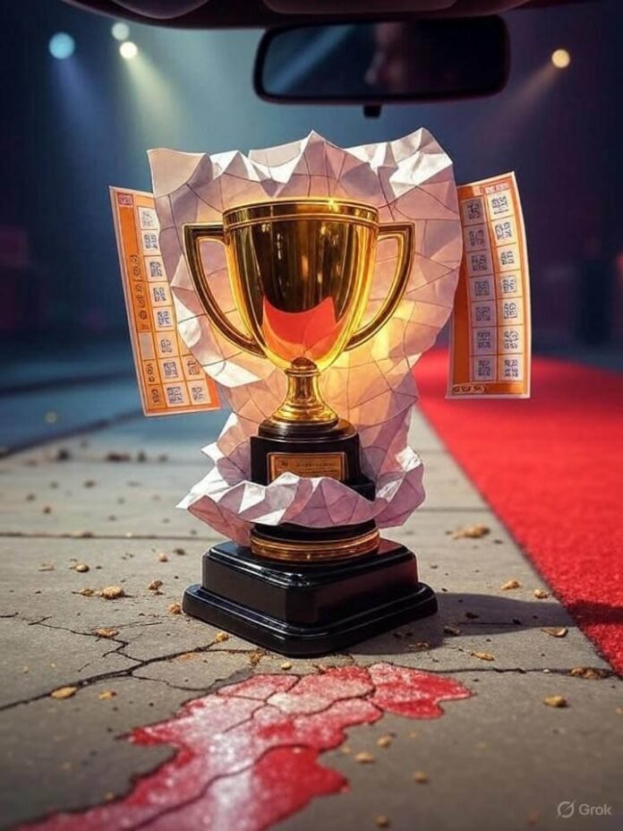 Crumpled lottery to trophy, red carpet transformation.